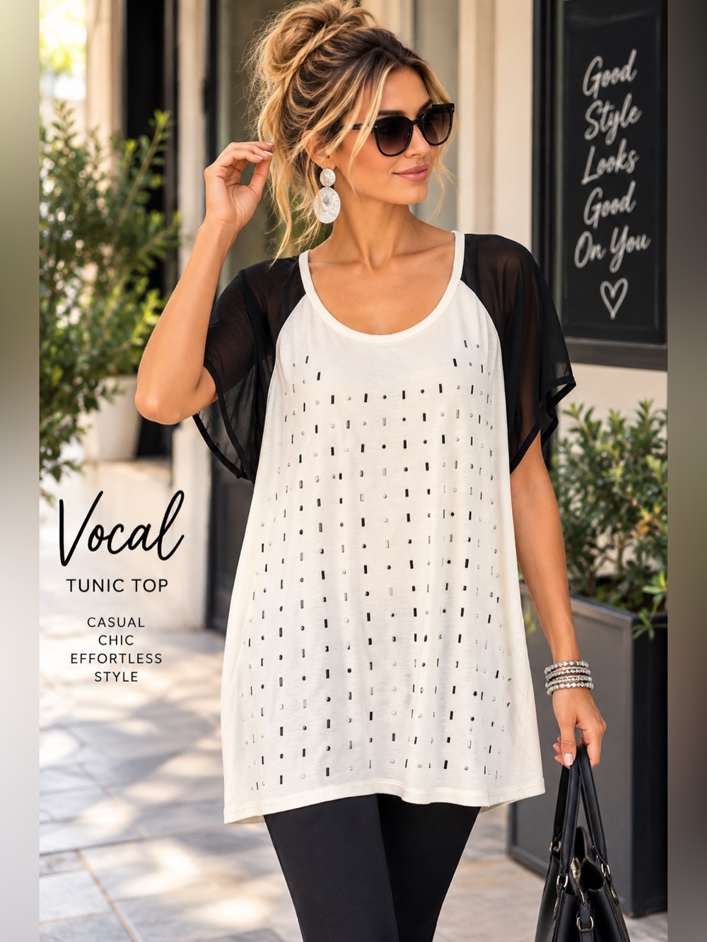 Vocal 3XL Ivory Black Studded Tunic Top Sheer Sleeves Made USA Plus Size